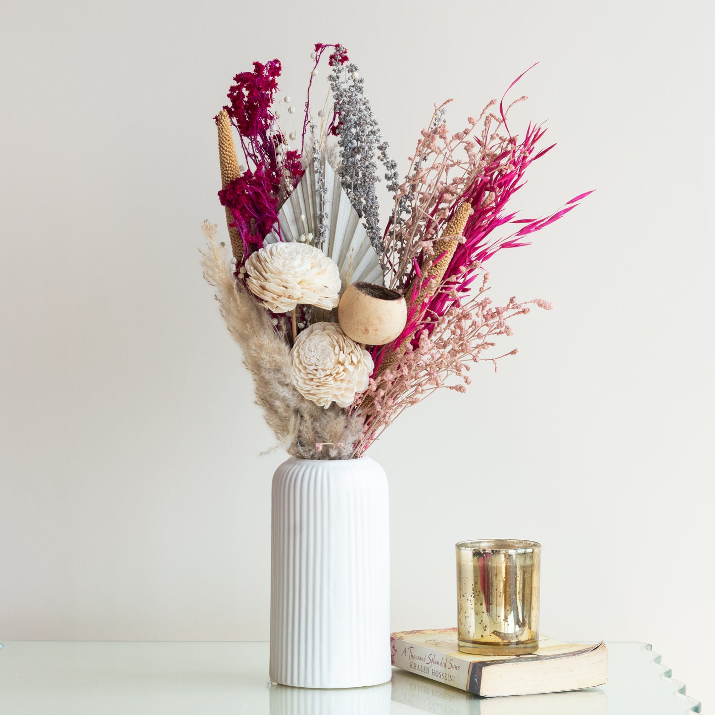Blush Pink Bunch in a White Ribbed Vase