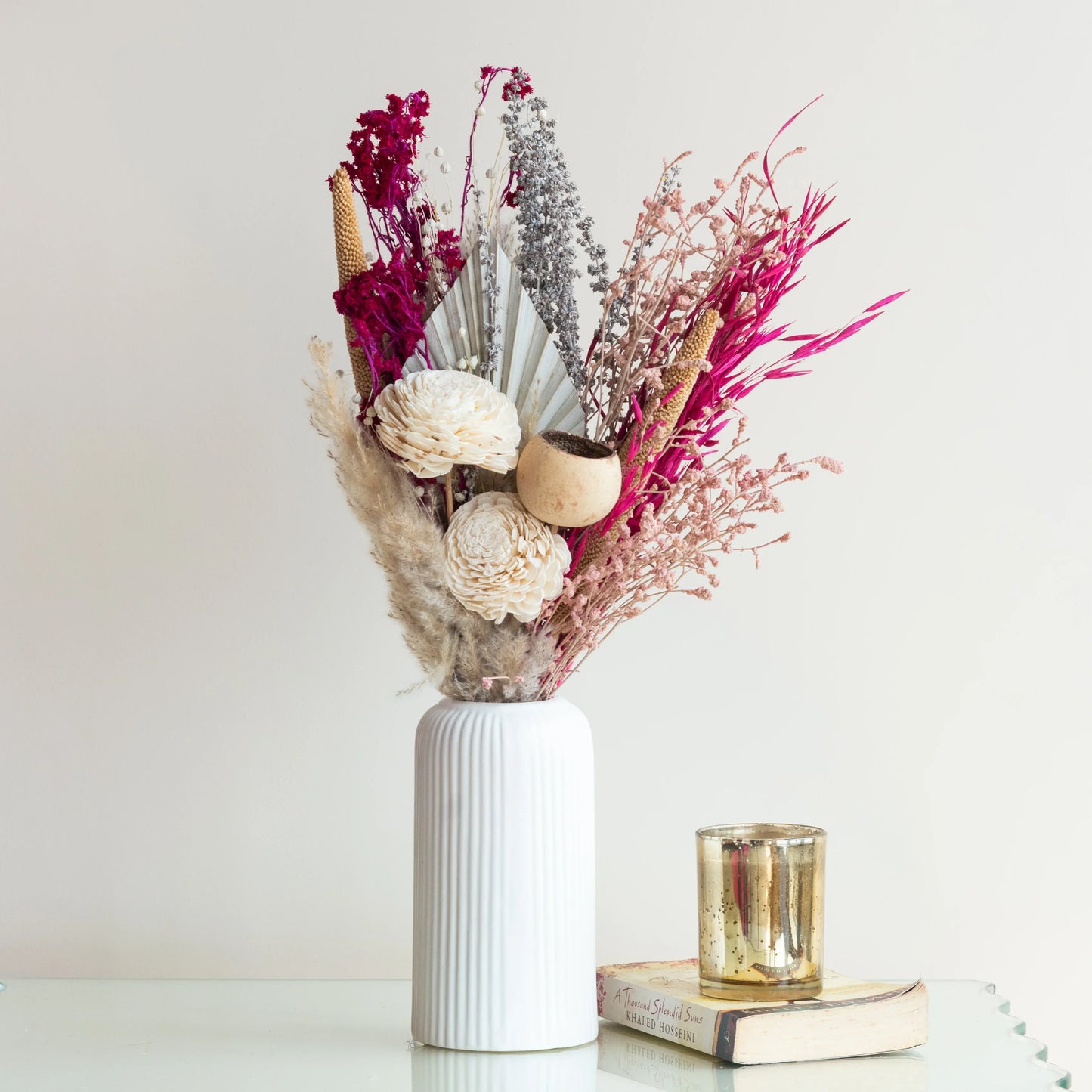 Blush Pink Bunch in a White Ribbed Vase