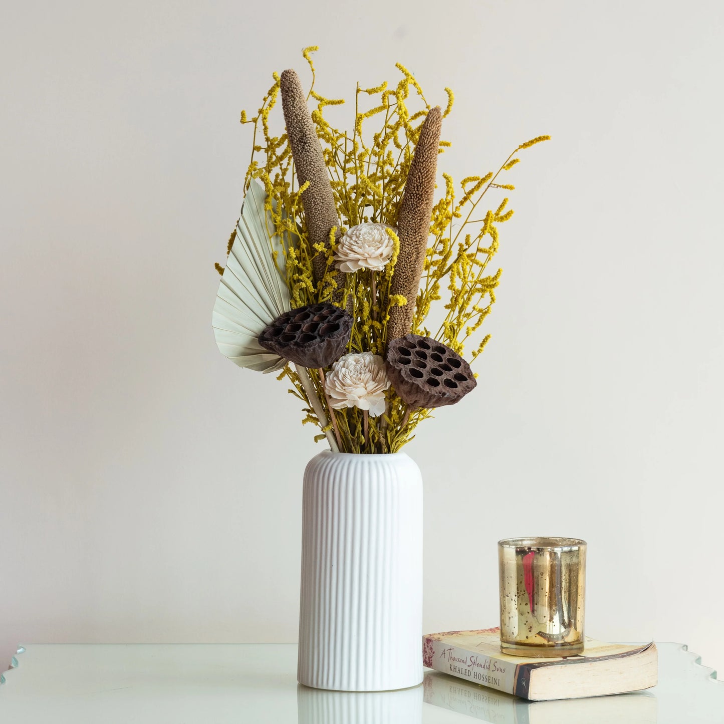 Sunlit Serenity Bunch in a White Ribbed Vase