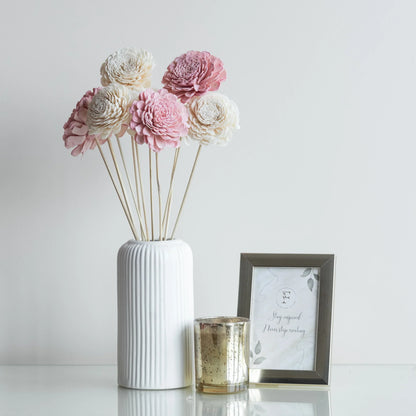 Blush Pink and White Sola Wood Flowers Sticks In a White Ribbed Vase