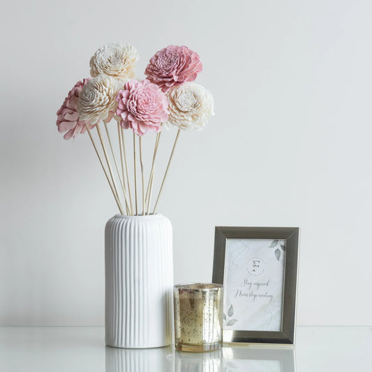 Blush Pink and White Sola Wood Flowers Sticks In a White Ribbed Vase