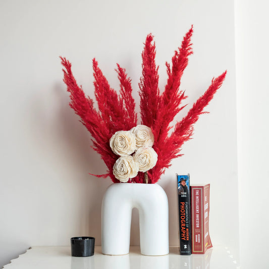 Crimson Red Boho Pampas Bunch in a White U shaped Vase