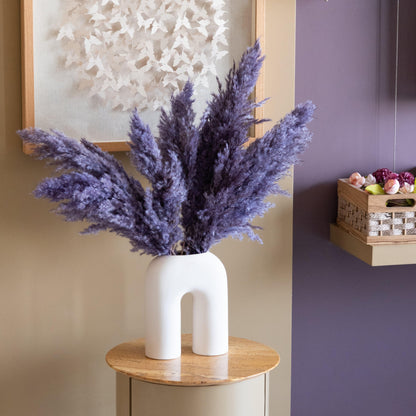 Lavender pampas in a White U Shaped Vase