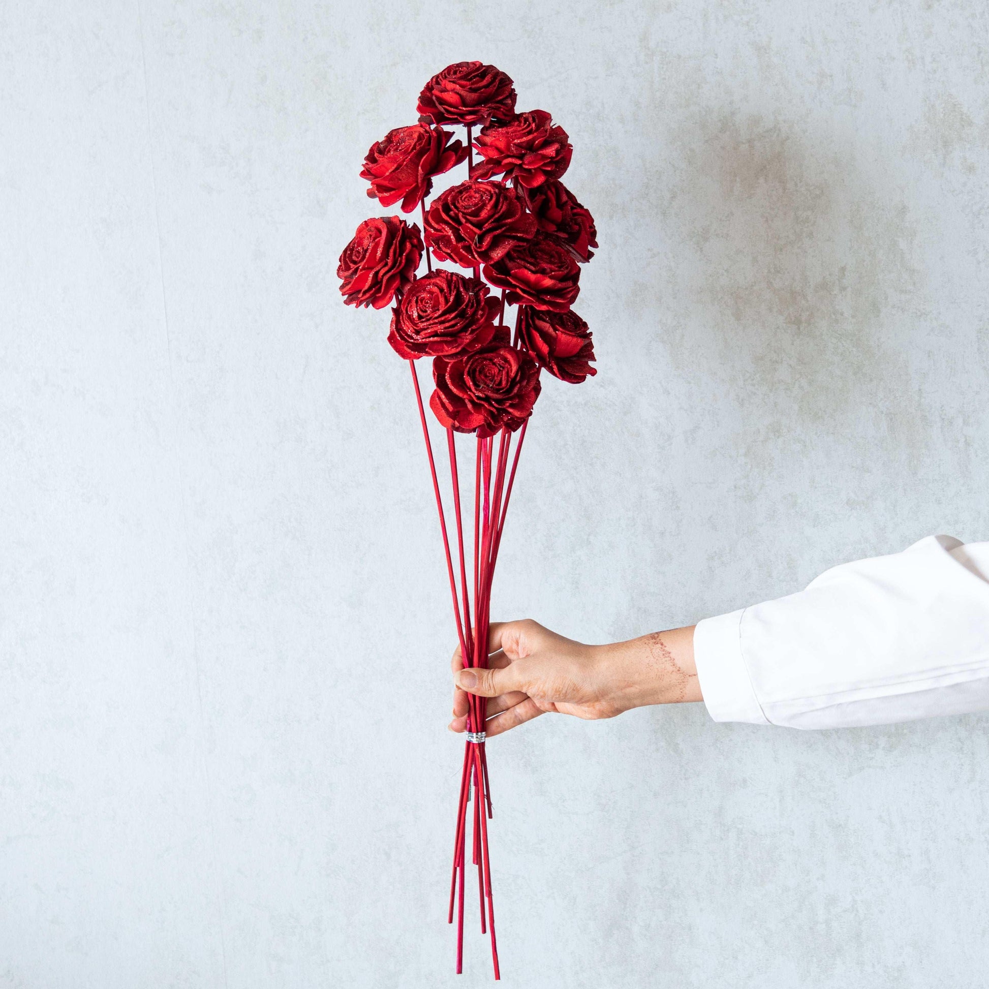 Red Glittery Roses  (Set Of 10)