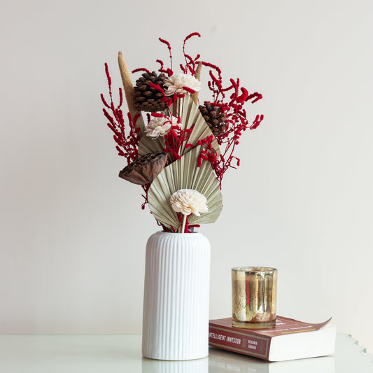 Scarlet Bunch in a White Ribbed Vase