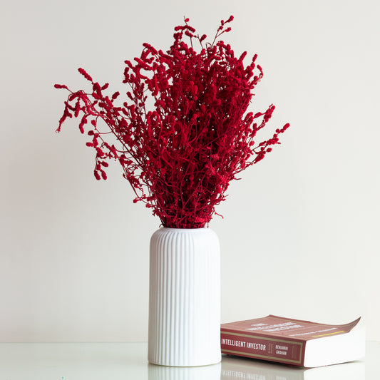 Red Dried German Statice Grass (100 Grams) in a White Ribbed Vase