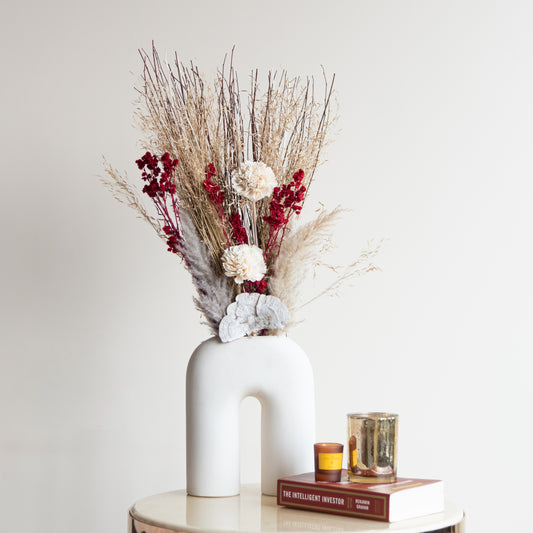 White U Shaped vase with Exotic Autumn Bunch