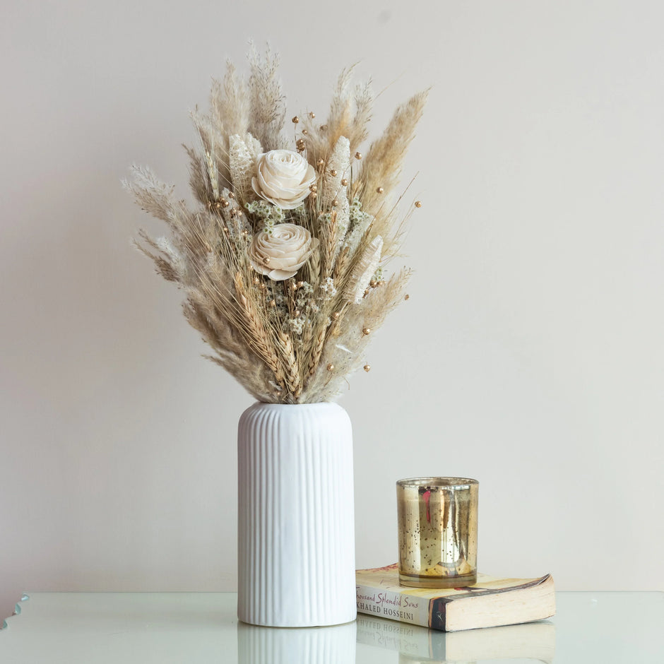 White Ribbed Vase – Flowers and Fillers