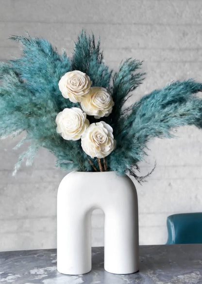 Ocean Blue Boho Pampas Bunch in a White U shaped Vase